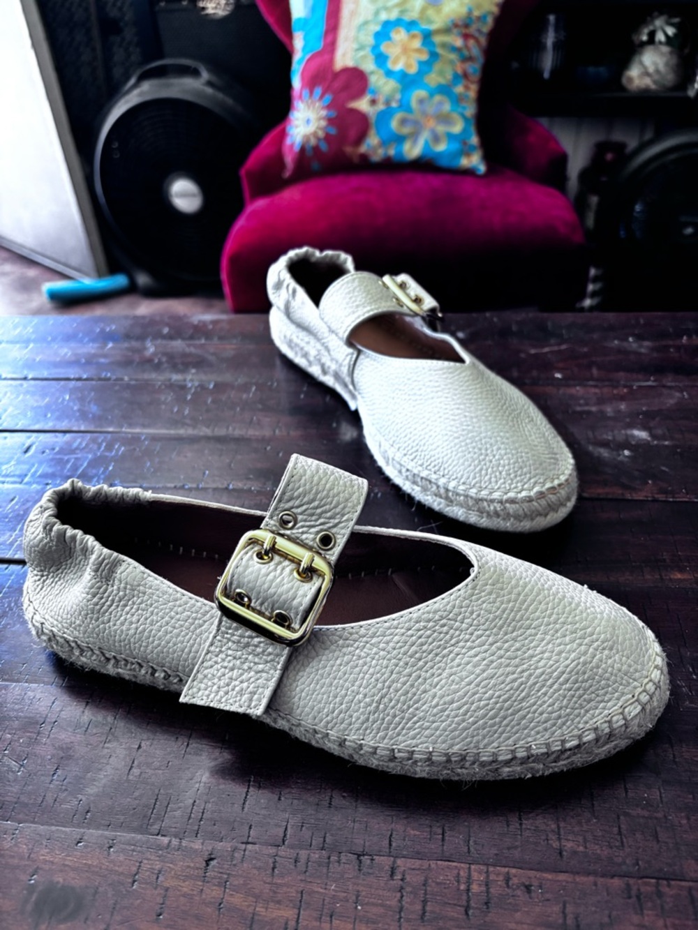 JUTELIA Ivory Pebbled Leather Espadrille Maryjane Made In Spain Size 40 NWOB
